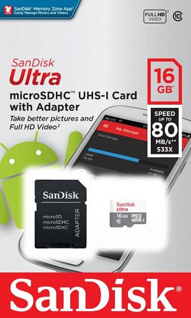 Карта памяти/Флешка SanDisk Ultra microSD 16GB Class 10 с SD адаптером : характеристики и инструкции 